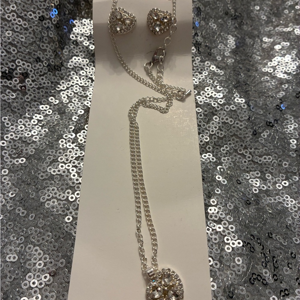 Silver Costume Heart Necklace & Earrings Set
